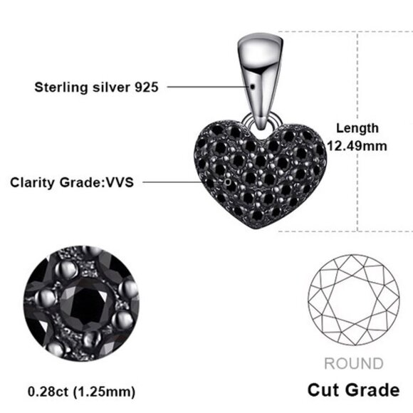 Necklace jewelry heart love black spinel 925 sterling silver 18" long box chain - Picture 4 of 4